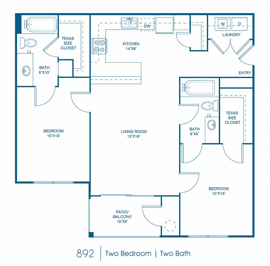 Floor plan for 2 beds, 2 baths, 892 sqft